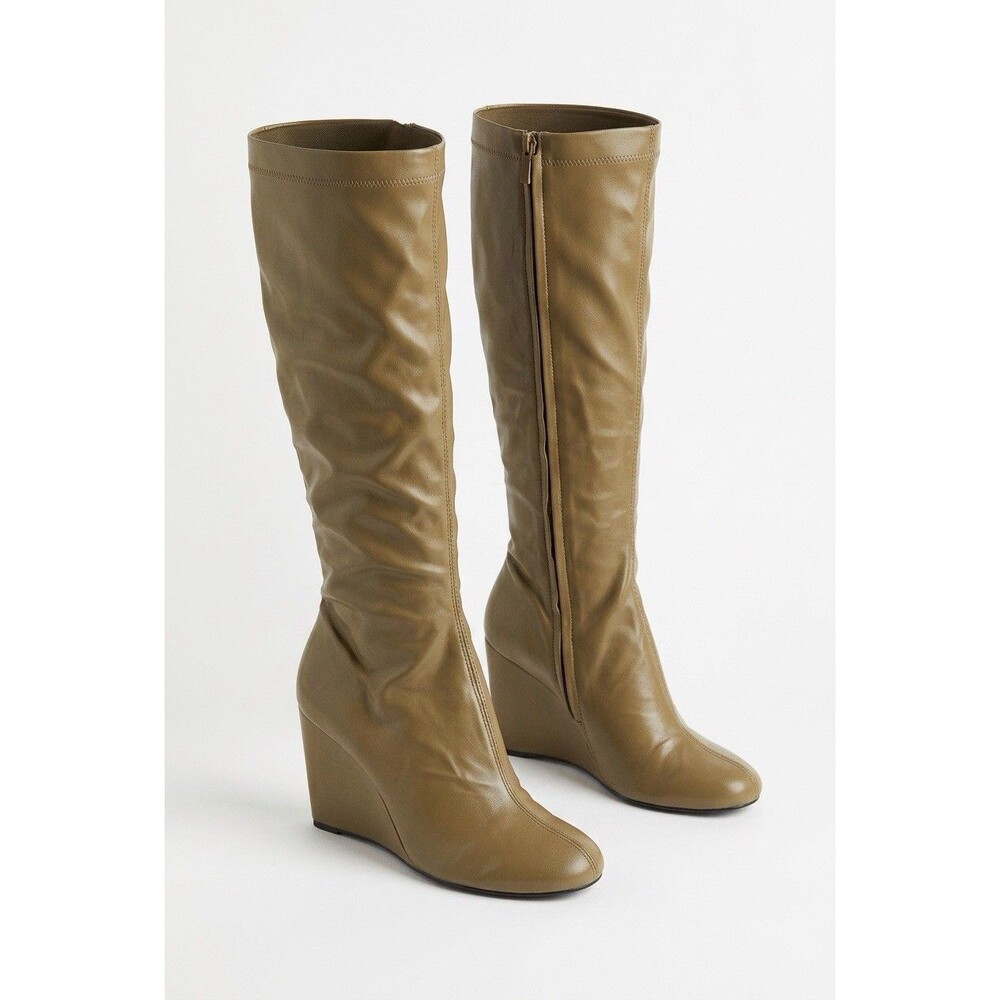 NWT Zara Knee High Wedge Boots Taupe Olive Green Size 38 US 7.5 Ref 3013/610